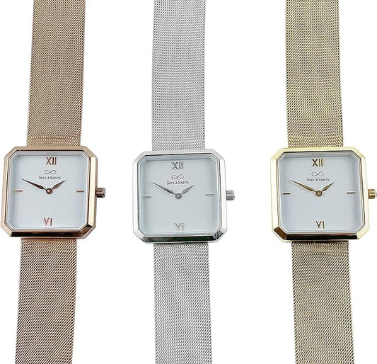 Premium Damenuhr Edelstahl elegante Armbanduhr quadratisch rechteckig Damen Uhr eckig mesh Armband Edelstahl Swiss Uhrwerk Saphire Glas kratzfest 3m 3ATM Wasserfest - Mary